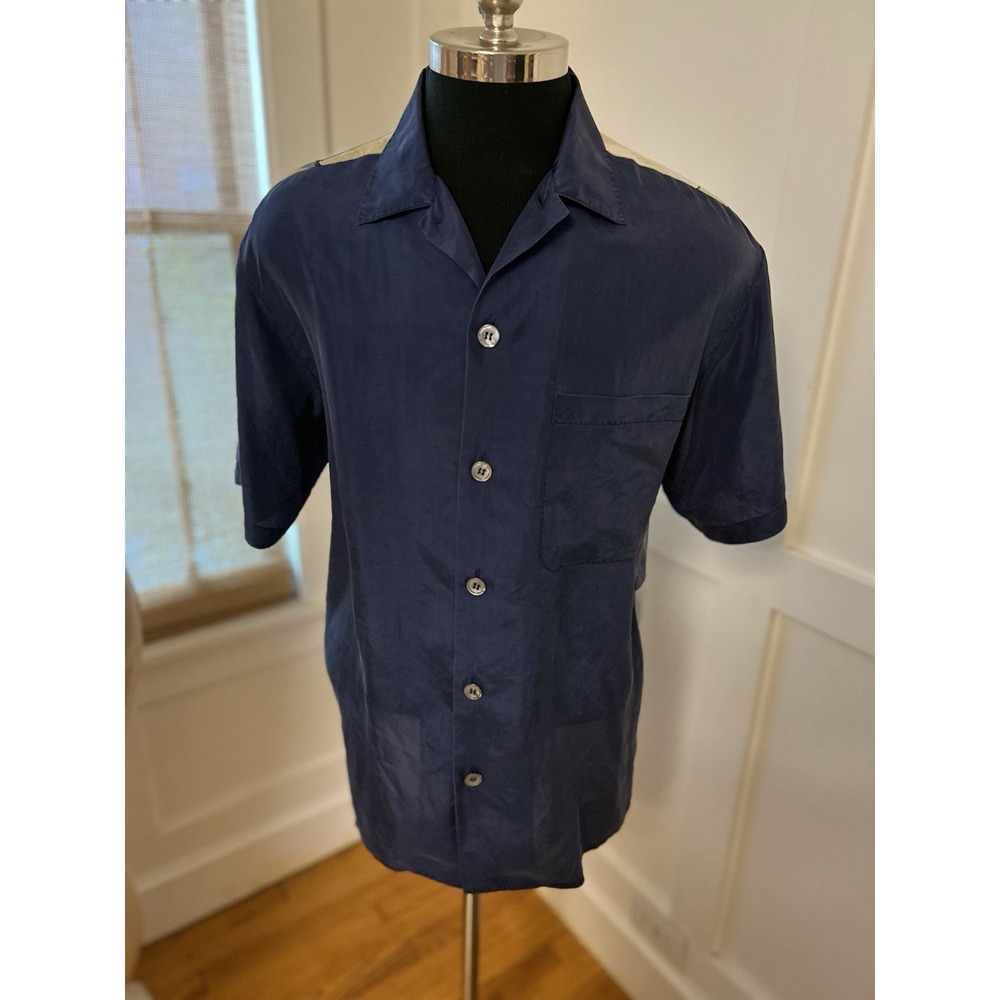 Silks Mens Sz M Camp Collared Vacation Shirt Blue Gray Geometric Back 100% Silk